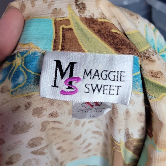 Maggie Sweet Button Down Straight Dress Beige Short Sleeve Floral Sz 1X - Picture 6 of 7